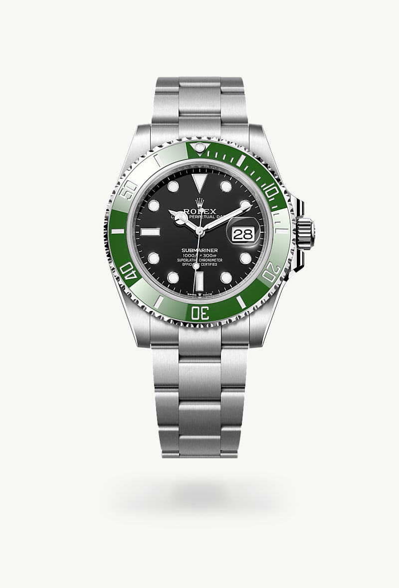 Rolex Submariner Date in Oystersteel with a black dial, unidirectional rotatable 60-minute graduated, scratch-resistant cerachrom insert in green ceramic, numerals and graduations coated in platinum bezel, and Oyster bracelet.