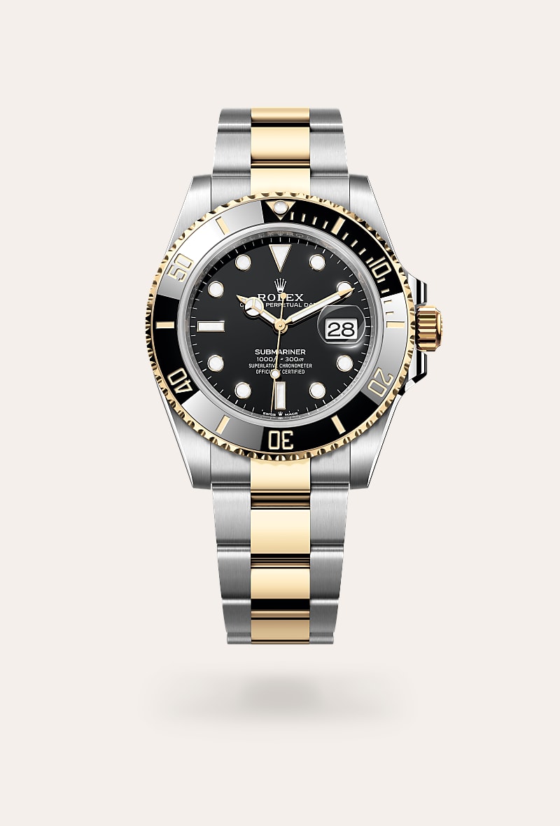 Rolex Submariner Date in Yellow Rolesor with a black dial, unidirectional rotatable 60-minute graduated, scratch-resistant cerachrom insert in black ceramic, numerals and graduations coated in gold bezel, and Oyster bracelet.