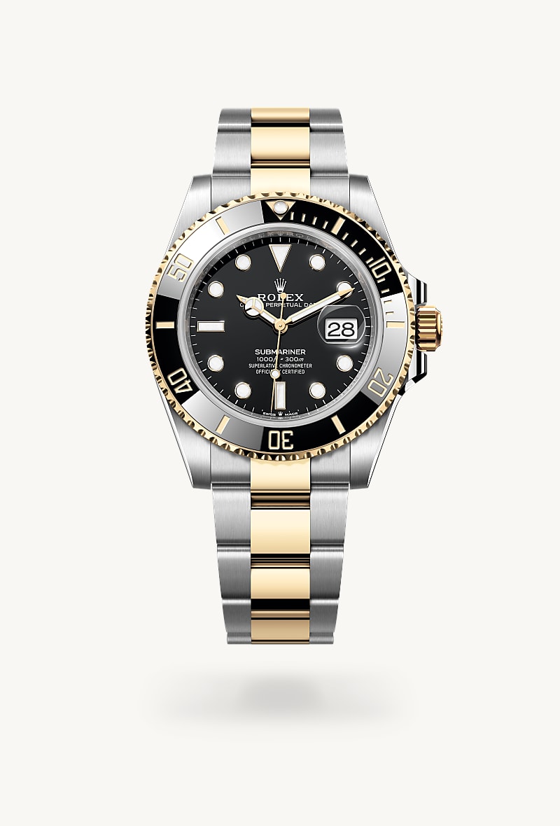 Rolex Submariner Date in Yellow Rolesor with a black dial, unidirectional rotatable 60-minute graduated, scratch-resistant cerachrom insert in black ceramic, numerals and graduations coated in gold bezel, and Oyster bracelet.