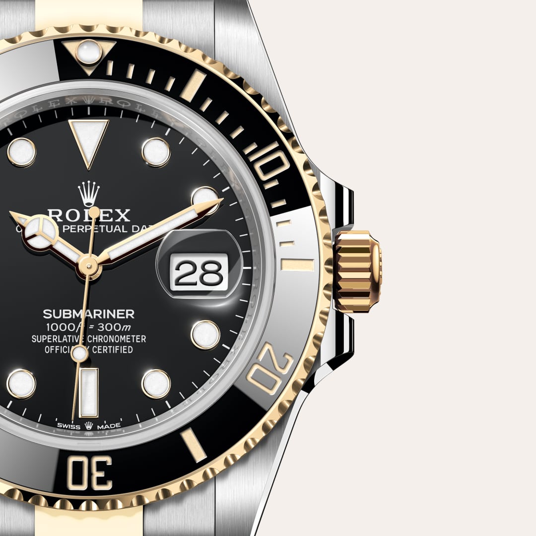 Rolex Submariner Date in Yellow Rolesor with a black dial, unidirectional rotatable 60-minute graduated, scratch-resistant cerachrom insert in black ceramic, numerals and graduations coated in gold bezel, and Oyster bracelet.