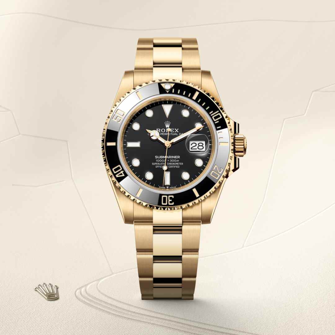 Rolex Submariner Date in 18 kt yellow gold with a black dial, unidirectional rotatable 60-minute graduated, scratch-resistant cerachrom insert in black ceramic, numerals and graduations coated in gold bezel, and Oyster bracelet.