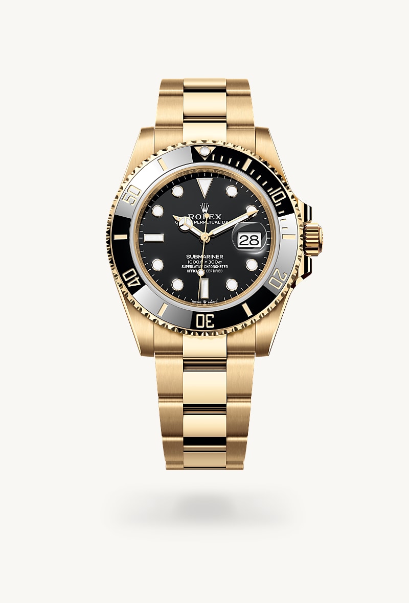 Rolex Submariner Date in 18 kt yellow gold with a black dial, unidirectional rotatable 60-minute graduated, scratch-resistant cerachrom insert in black ceramic, numerals and graduations coated in gold bezel, and Oyster bracelet.