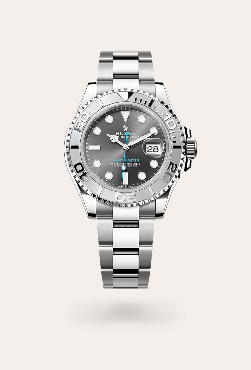Rolex Yacht-Master 40 in Rolesium with a slate dial, 950 platinum bidirectional rotatable 60-minute graduated with raised numerals bezel, and Oyster bracelet.