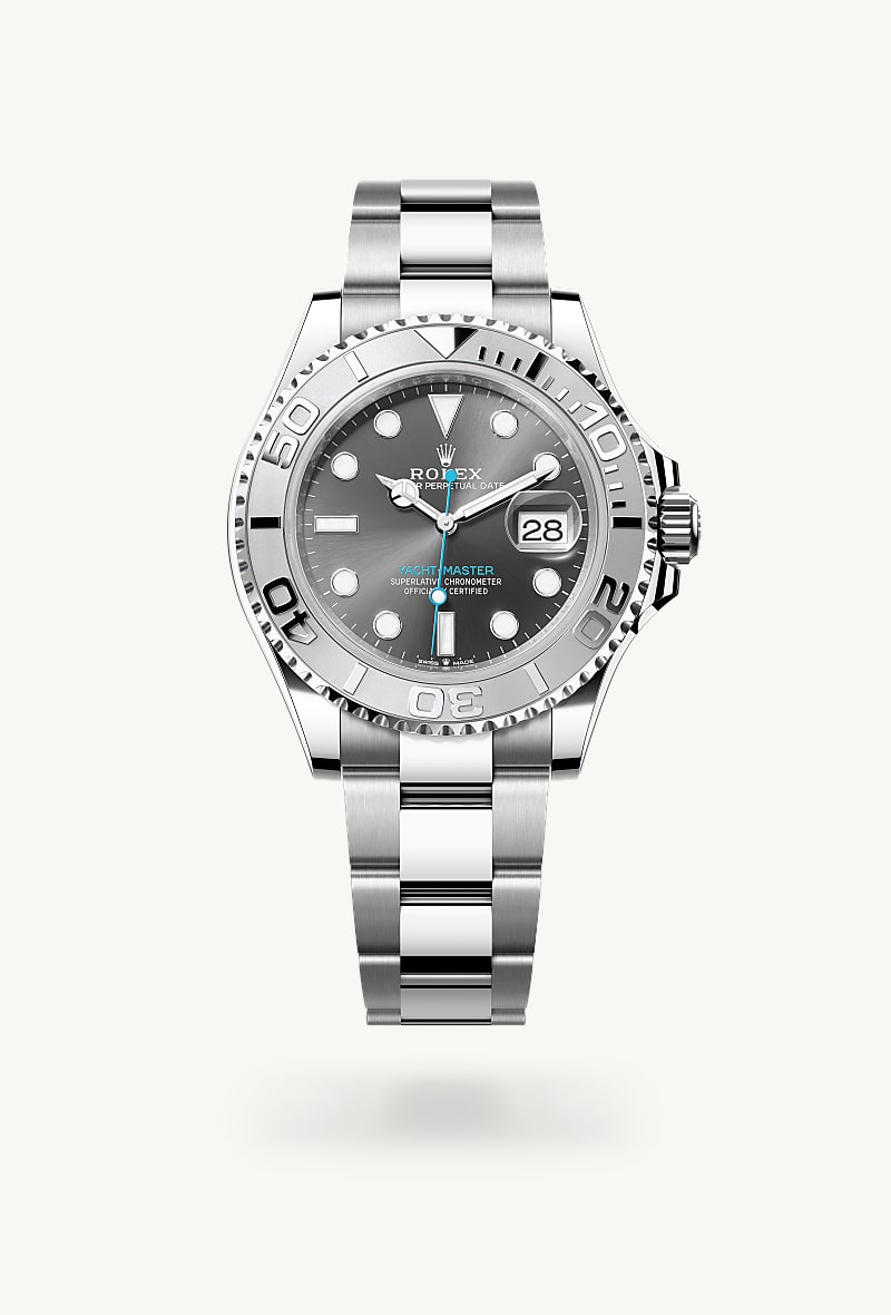 Rolex Yacht-Master 40 in Rolesium with a slate dial, 950 platinum bidirectional rotatable 60-minute graduated with raised numerals bezel, and Oyster bracelet.
