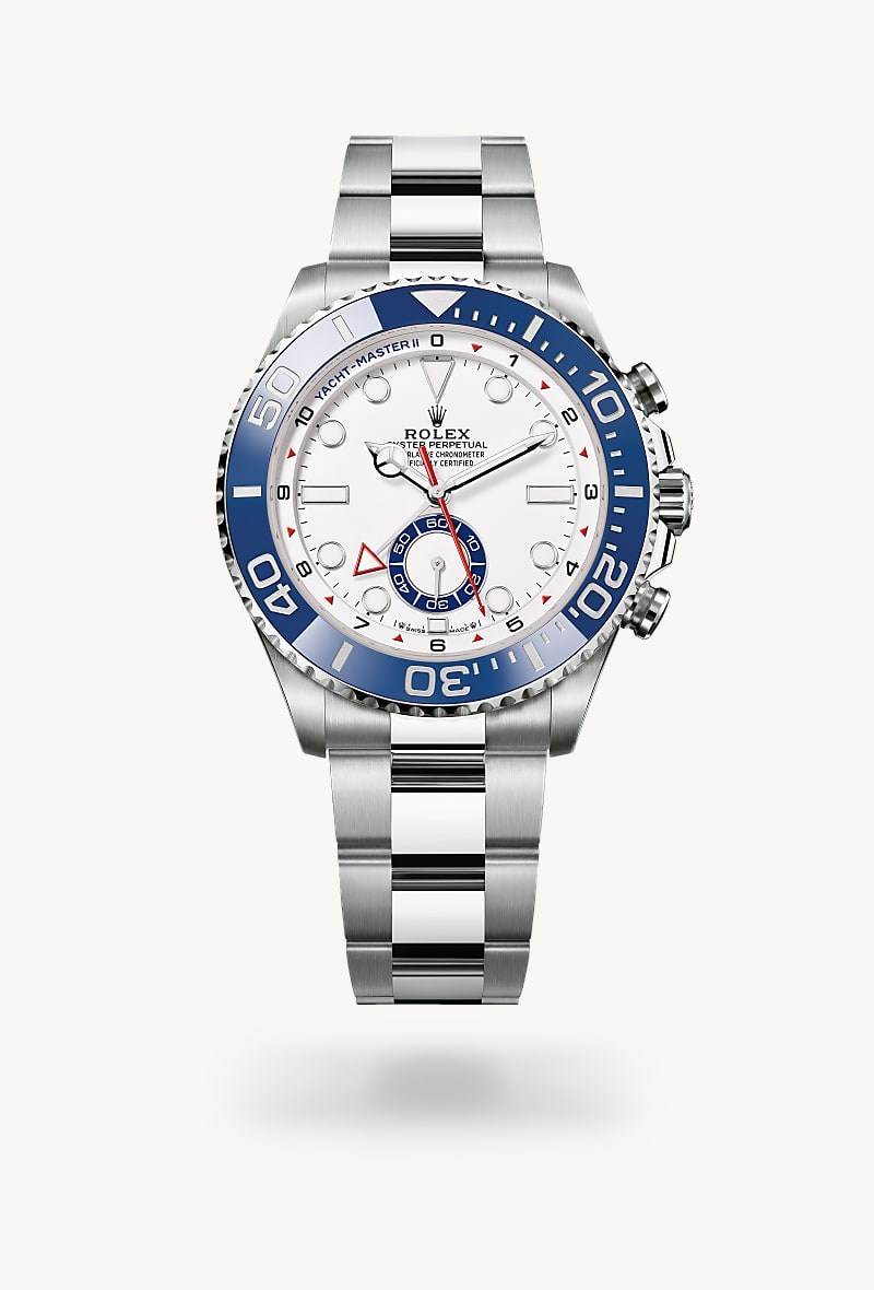 Rolex Yacht-Master II in Oystersteel with a white dial, bidirectional rotatable 60-minute graduated bezel with blue cerachrom insert in ceramic. moulded, recessed graduations and numerals coated with platinum bezel, and Oyster bracelet.