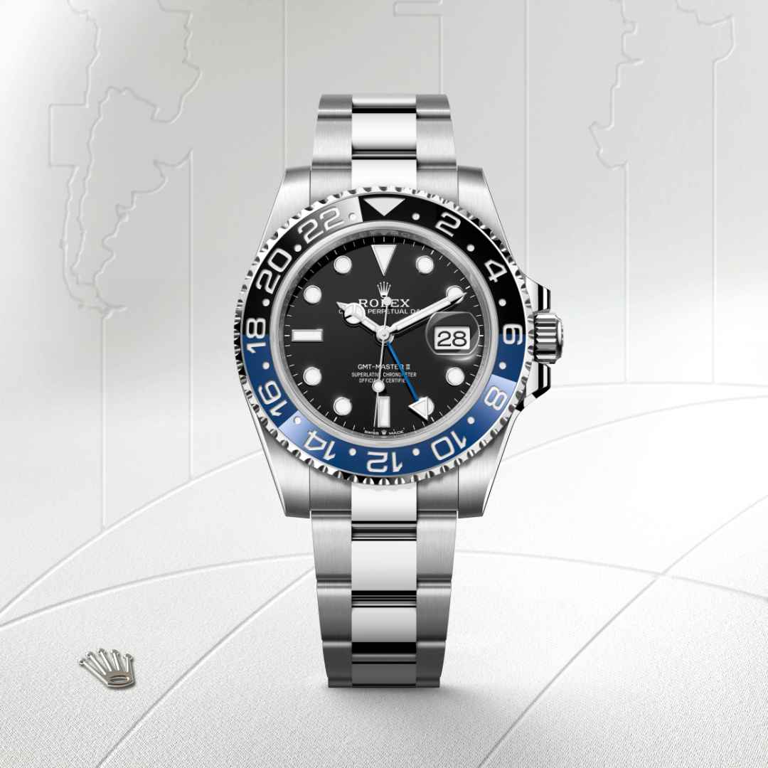 Rolex GMT-Master II in Oystersteel with a black dial, bidirectional rotatable 24-hour graduated bezel. two-colour blue and black cerachrom insert in ceramic, moulded numerals and graduations bezel, and Oyster bracelet.