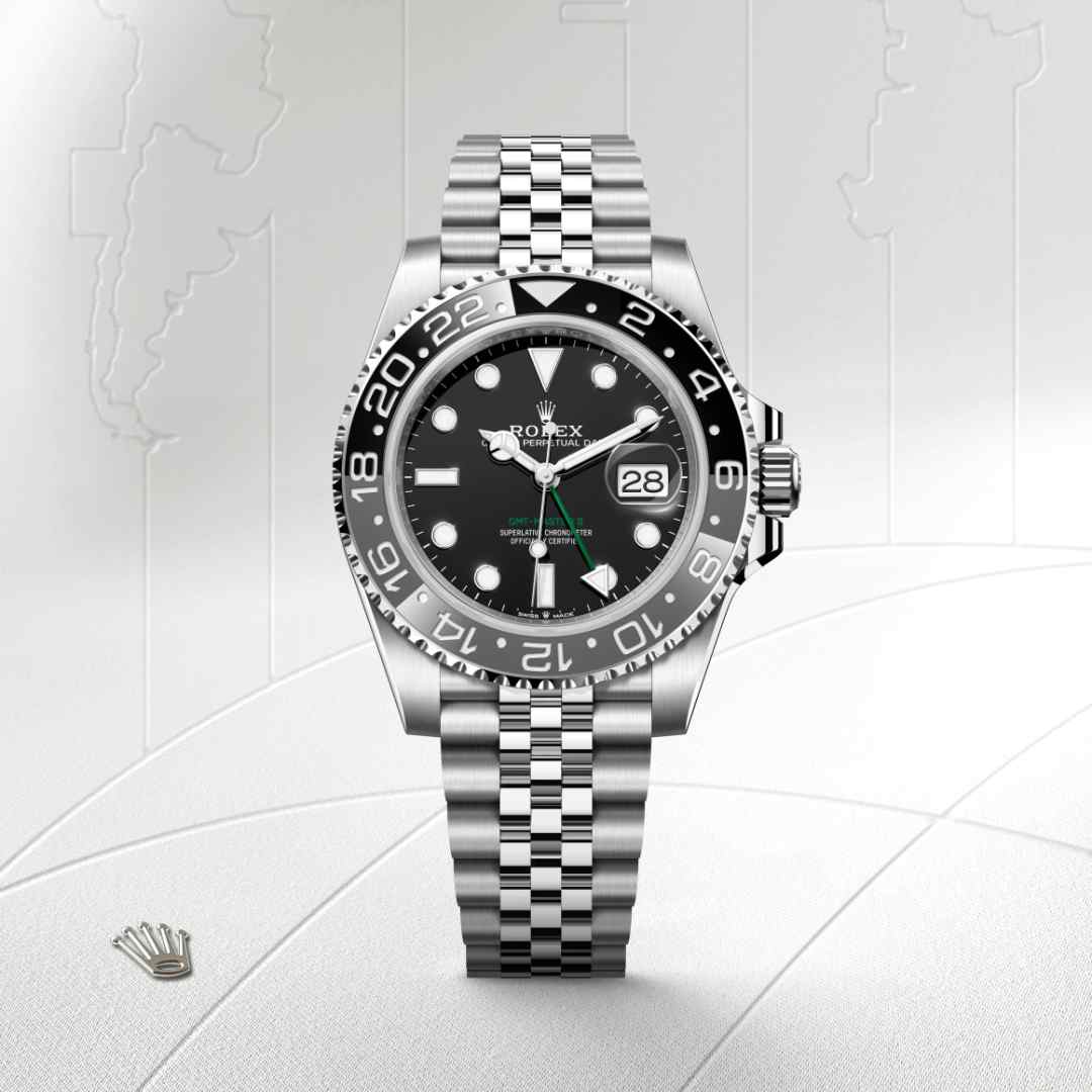 Rolex GMT-Master II in Oystersteel with a black dial, bidirectional rotatable 24-hour graduated bezel. two-colour grey and black cerachrom insert in ceramic, moulded numerals and graduations bezel, and Jubilee bracelet.