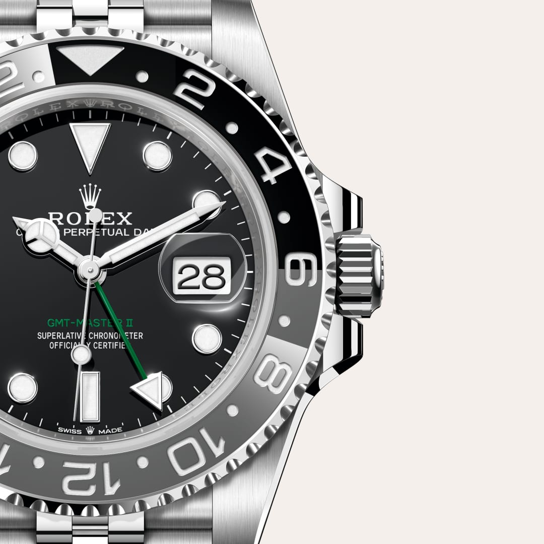 Rolex GMT-Master II in Oystersteel with a black dial, bidirectional rotatable 24-hour graduated bezel. two-colour grey and black cerachrom insert in ceramic, moulded numerals and graduations bezel, and Jubilee bracelet.