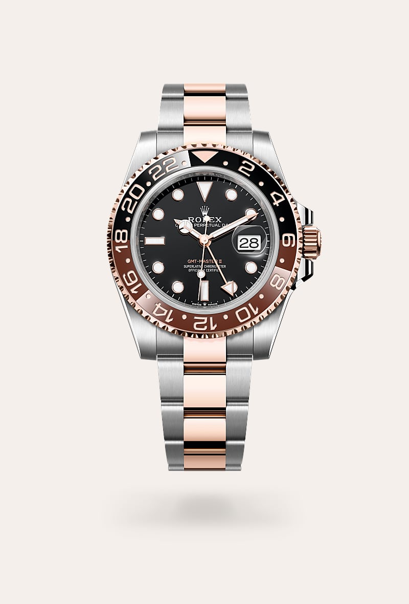 Rolex GMT-Master II in Everose Rolesor with a black dial, bidirectional rotatable 24-hour graduated bezel. two-colour brown and black cerachrom insert in ceramic, moulded numerals and graduations bezel, and Oyster bracelet.