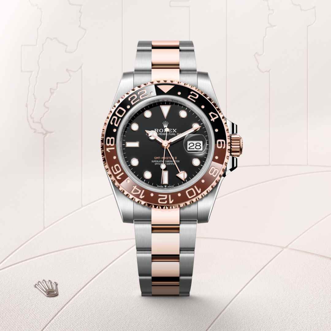 Rolex GMT-Master II in Everose Rolesor with a black dial, bidirectional rotatable 24-hour graduated bezel. two-colour brown and black cerachrom insert in ceramic, moulded numerals and graduations bezel, and Oyster bracelet.