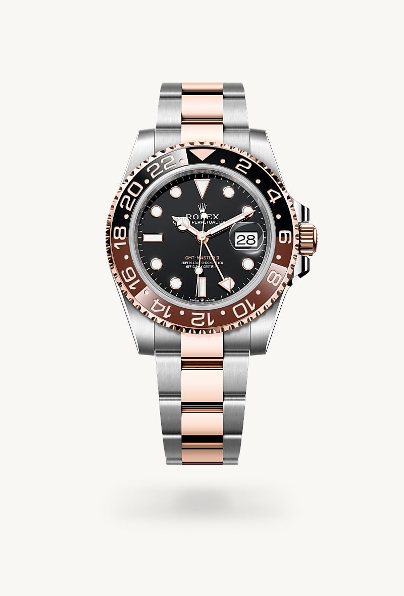 Rolex GMT-Master II in Everose Rolesor with a black dial, bidirectional rotatable 24-hour graduated bezel. two-colour brown and black cerachrom insert in ceramic, moulded numerals and graduations bezel, and Oyster bracelet.