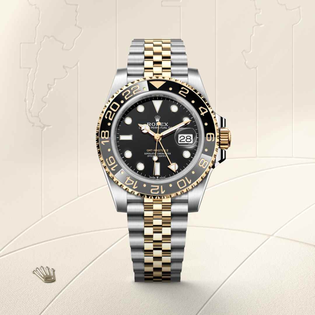 Rolex GMT-Master II in Yellow Rolesor with a black dial, bidirectional rotatable 24-hour graduated bezel. two-colour grey and black cerachrom insert in ceramic, moulded numerals and graduations bezel, and Jubilee bracelet.