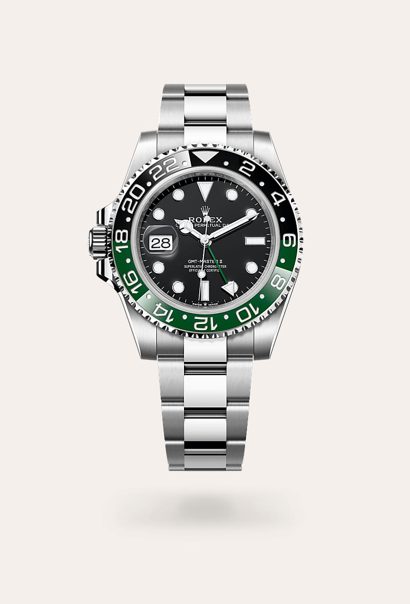 Rolex GMT-Master II in Oystersteel with a black dial, bidirectional rotatable 24-hour graduated bezel. two-colour green and black cerachrom insert in ceramic, moulded numerals and graduations bezel, and Oyster bracelet.