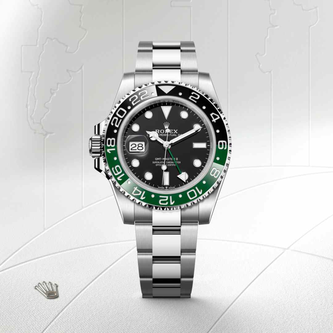 Rolex GMT-Master II in Oystersteel with a black dial, bidirectional rotatable 24-hour graduated bezel. two-colour green and black cerachrom insert in ceramic, moulded numerals and graduations bezel, and Oyster bracelet.