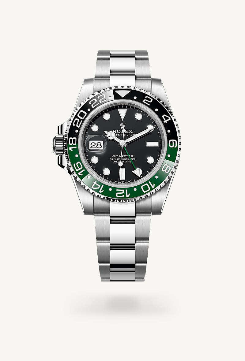 Rolex GMT-Master II in Oystersteel with a black dial, bidirectional rotatable 24-hour graduated bezel. two-colour green and black cerachrom insert in ceramic, moulded numerals and graduations bezel, and Oyster bracelet.