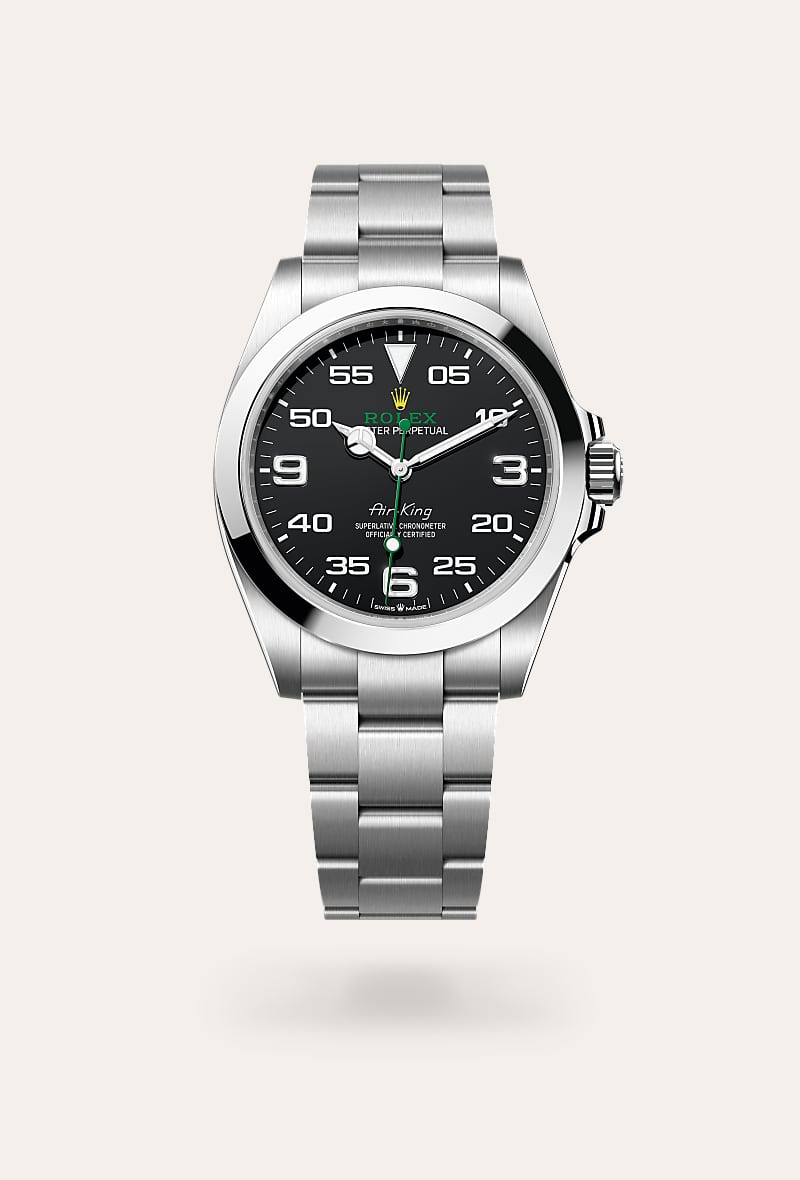 Rolex Air-King in Oystersteel with a black dial, smooth bezel, and Oyster bracelet.