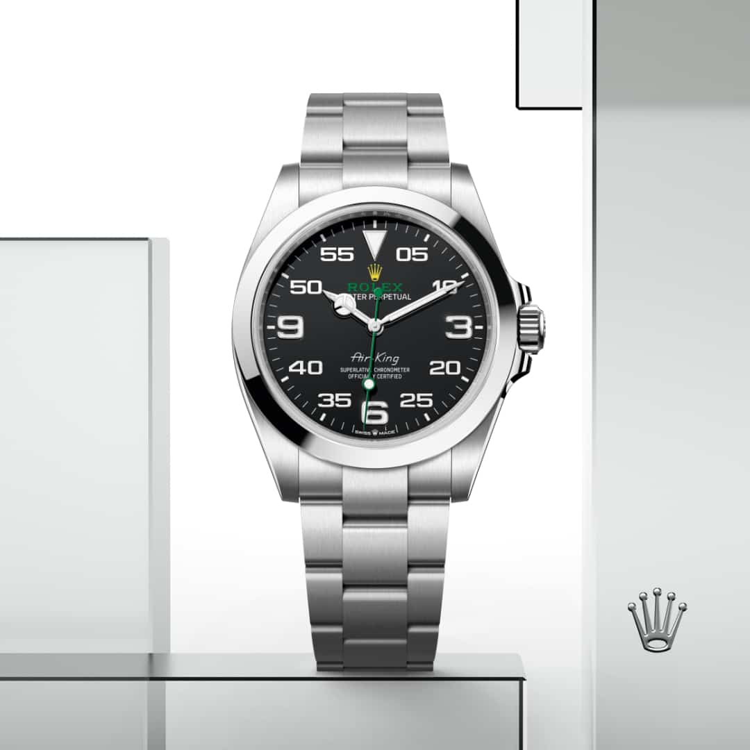 Rolex Air-King in Oystersteel with a black dial, smooth bezel, and Oyster bracelet.