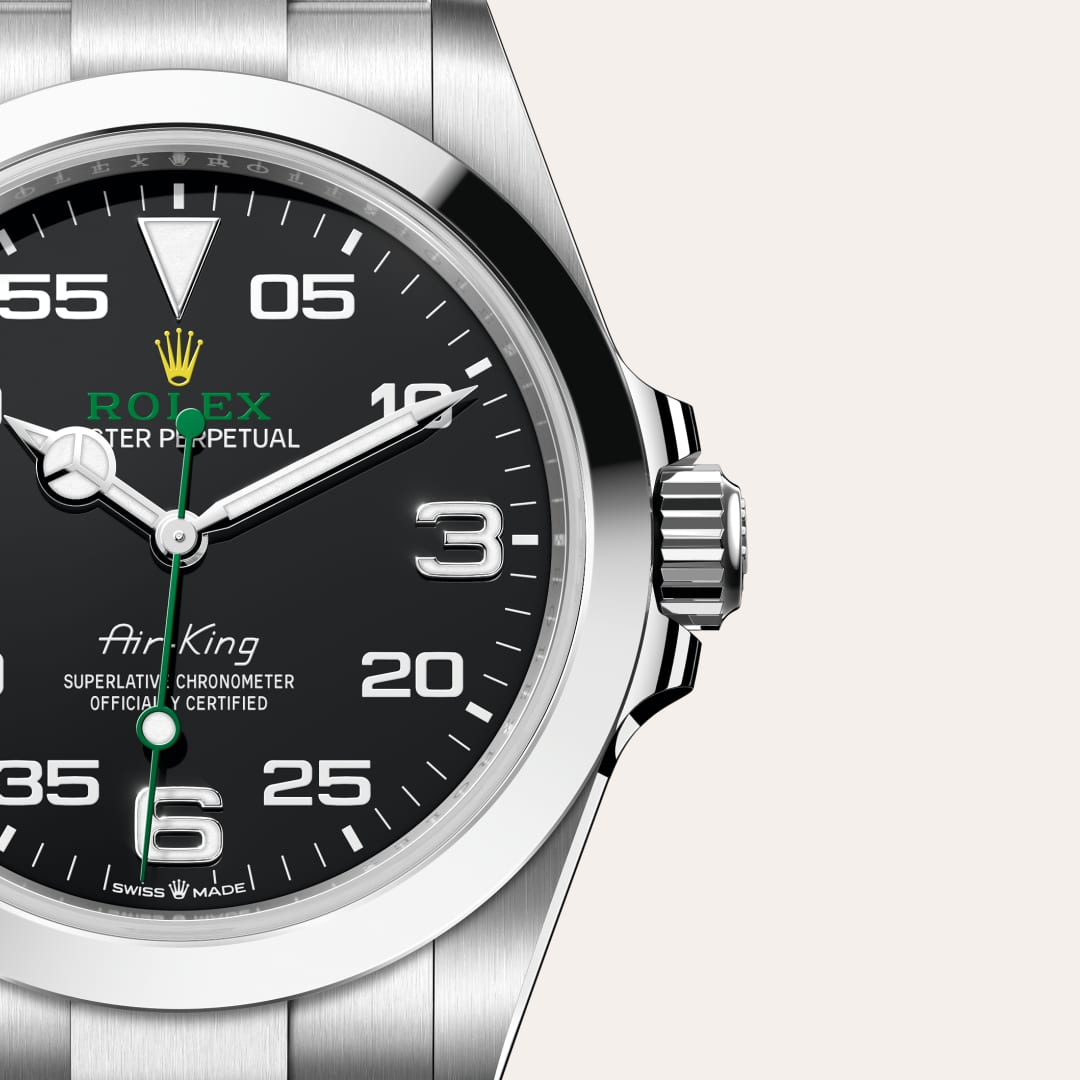 Rolex Air-King in Oystersteel with a black dial, smooth bezel, and Oyster bracelet.