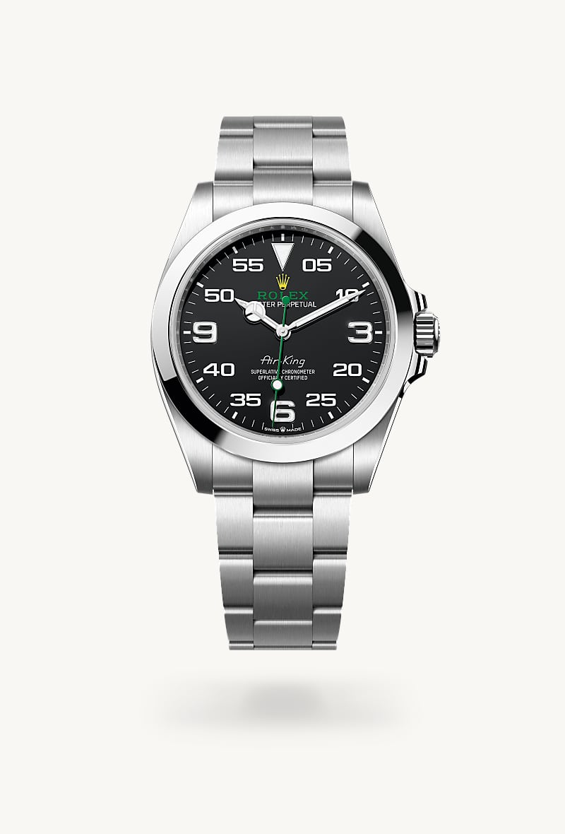 Rolex Air-King in Oystersteel with a black dial, smooth bezel, and Oyster bracelet.