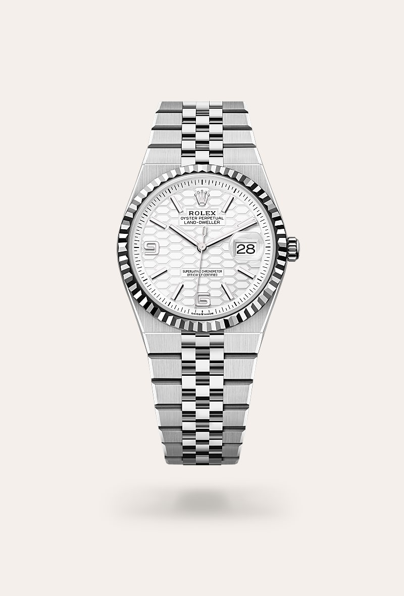 Rolex Land-Dweller 36 in White Rolesor with a intense white, honeycomb motif dial, fluted bezel, and Flat Jubilee bracelet.
