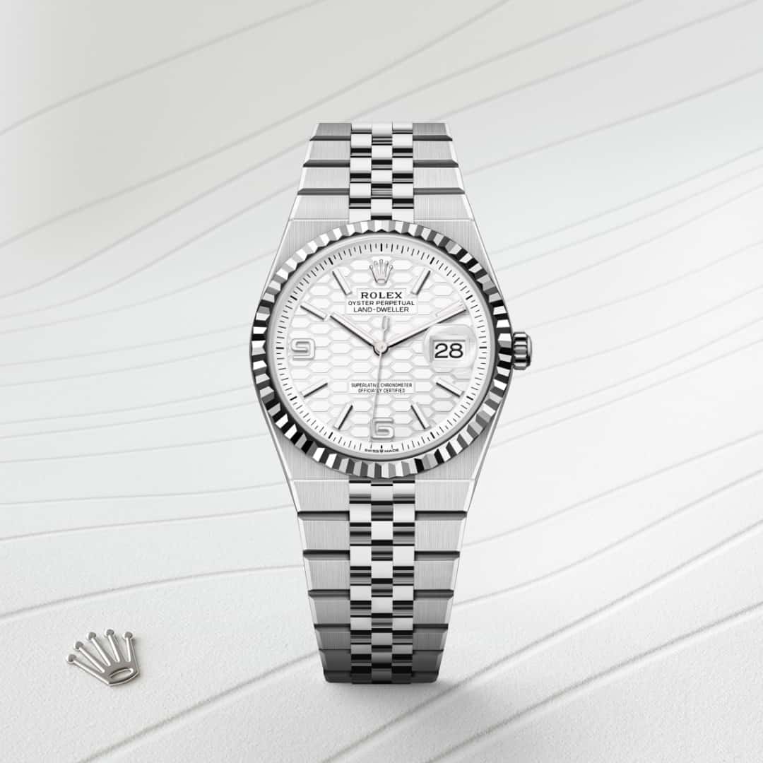 Rolex Land-Dweller 36 in White Rolesor with a intense white, honeycomb motif dial, fluted bezel, and Flat Jubilee bracelet.