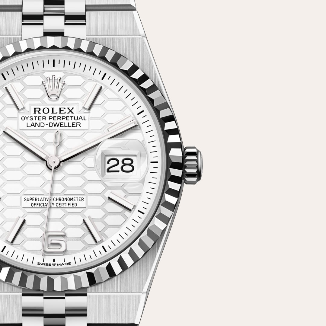 Rolex Land-Dweller 36 in White Rolesor with a intense white, honeycomb motif dial, fluted bezel, and Flat Jubilee bracelet.