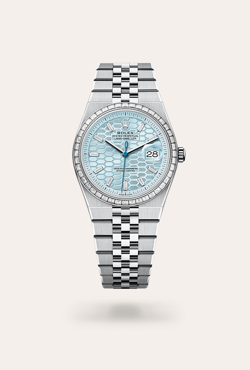 Rolex Land-Dweller 36 in Platinum with a ice blue, honeycomb motif set with diamonds dial, set with diamonds bezel, and Flat Jubilee bracelet.
