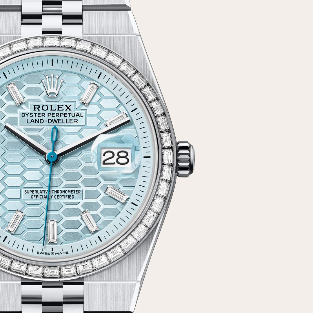 Rolex Land-Dweller 36 in Platinum with a ice blue, honeycomb motif set with diamonds dial, set with diamonds bezel, and Flat Jubilee bracelet.