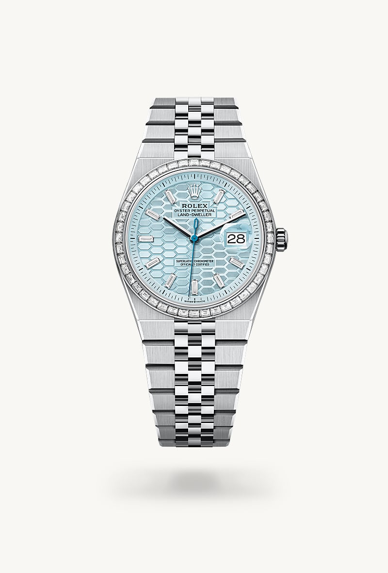 Rolex Land-Dweller 36 in Platinum with a ice blue, honeycomb motif set with diamonds dial, set with diamonds bezel, and Flat Jubilee bracelet.