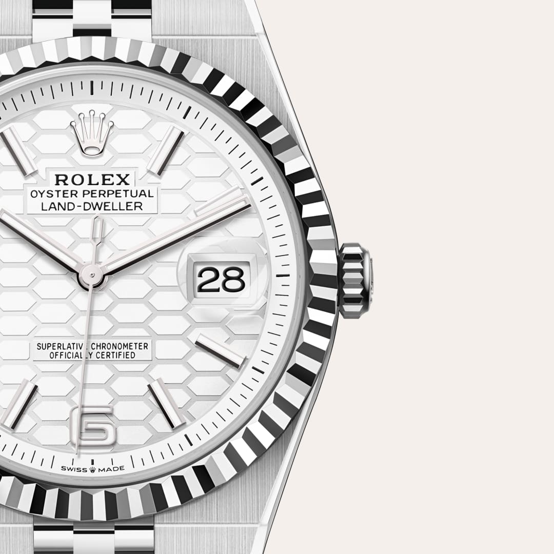 Rolex Land-Dweller 40 in White Rolesor with a intense white, honeycomb motif dial, fluted bezel, and Flat Jubilee bracelet.