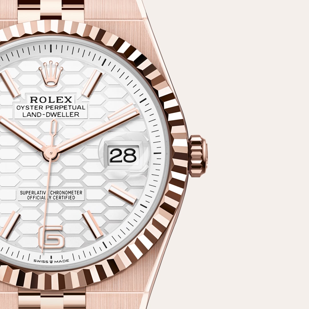 Rolex Land-Dweller 40 in 18 kt Everose gold with a intense white, honeycomb motif dial, fluted bezel, and Flat Jubilee bracelet.