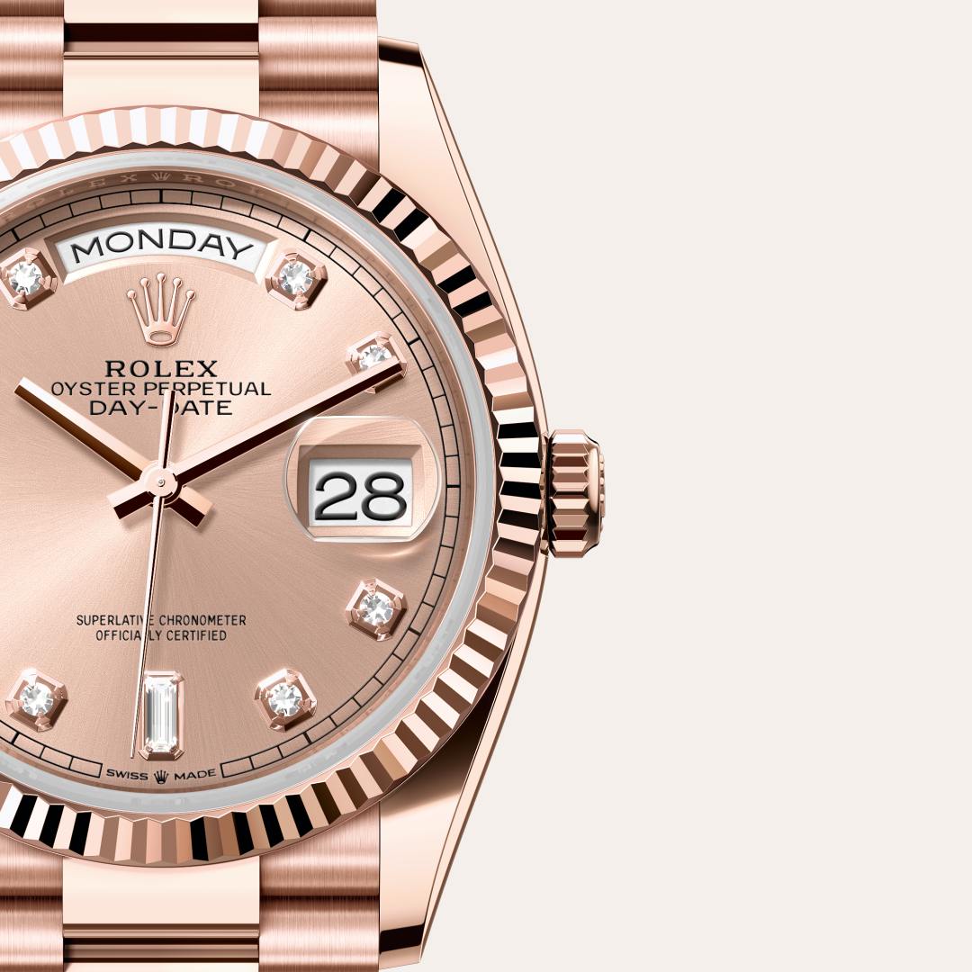 Rolex Day-Date 36 in 18 ct Everose gold with a rosé-colour set with diamonds dial, fluted bezel, and President bracelet.