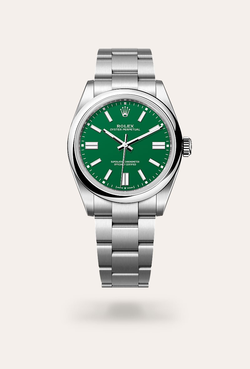 Rolex Oyster Perpetual 41 in Oystersteel with a green dial, domed bezel, and Oyster bracelet.