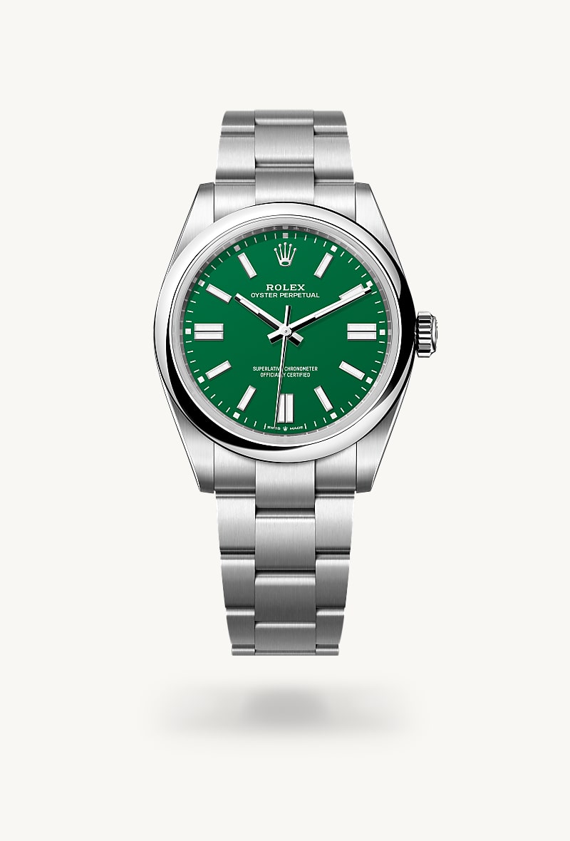 Rolex Oyster Perpetual 41 in Oystersteel with a green dial, domed bezel, and Oyster bracelet.