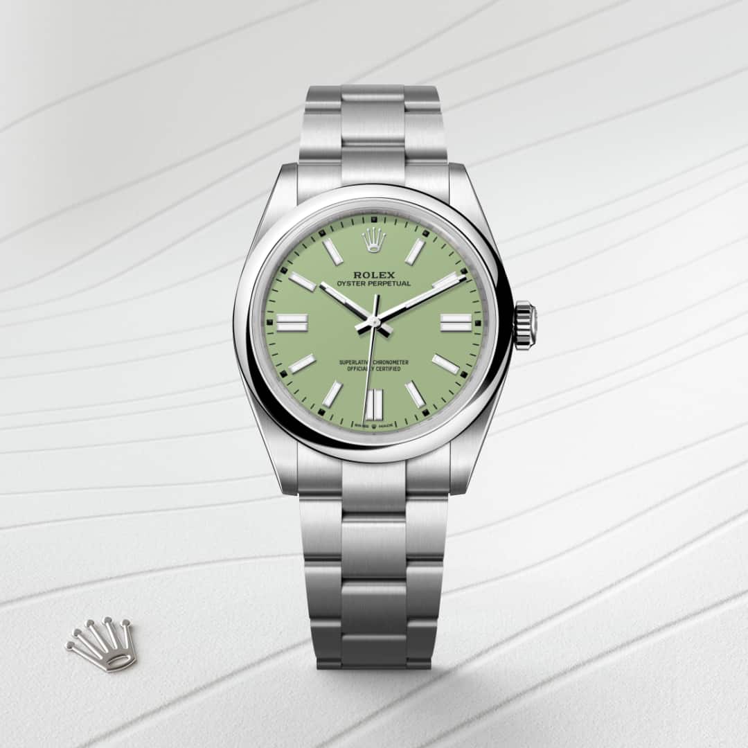 Rolex Oyster Perpetual 41 in Oystersteel with a pistachio dial, domed bezel, and Oyster bracelet.