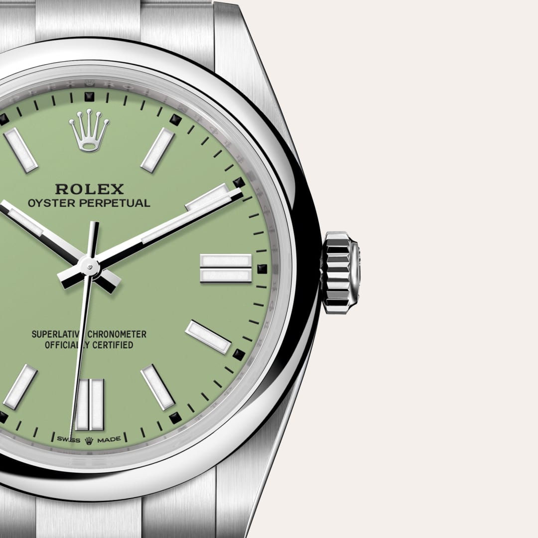 Rolex Oyster Perpetual 41 in Oystersteel with a pistachio dial, domed bezel, and Oyster bracelet.