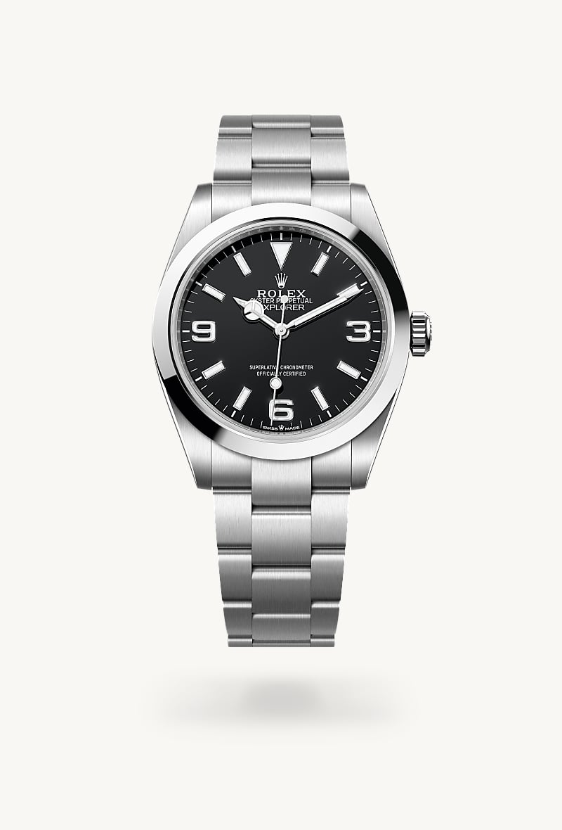 Rolex Explorer 40 in Oystersteel with a black dial, smooth bezel, and Oyster bracelet.