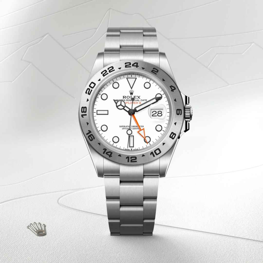 Rolex Explorer II in Oystersteel with a white dial, fixed, 24-hour graduated bezel, and Oyster bracelet.