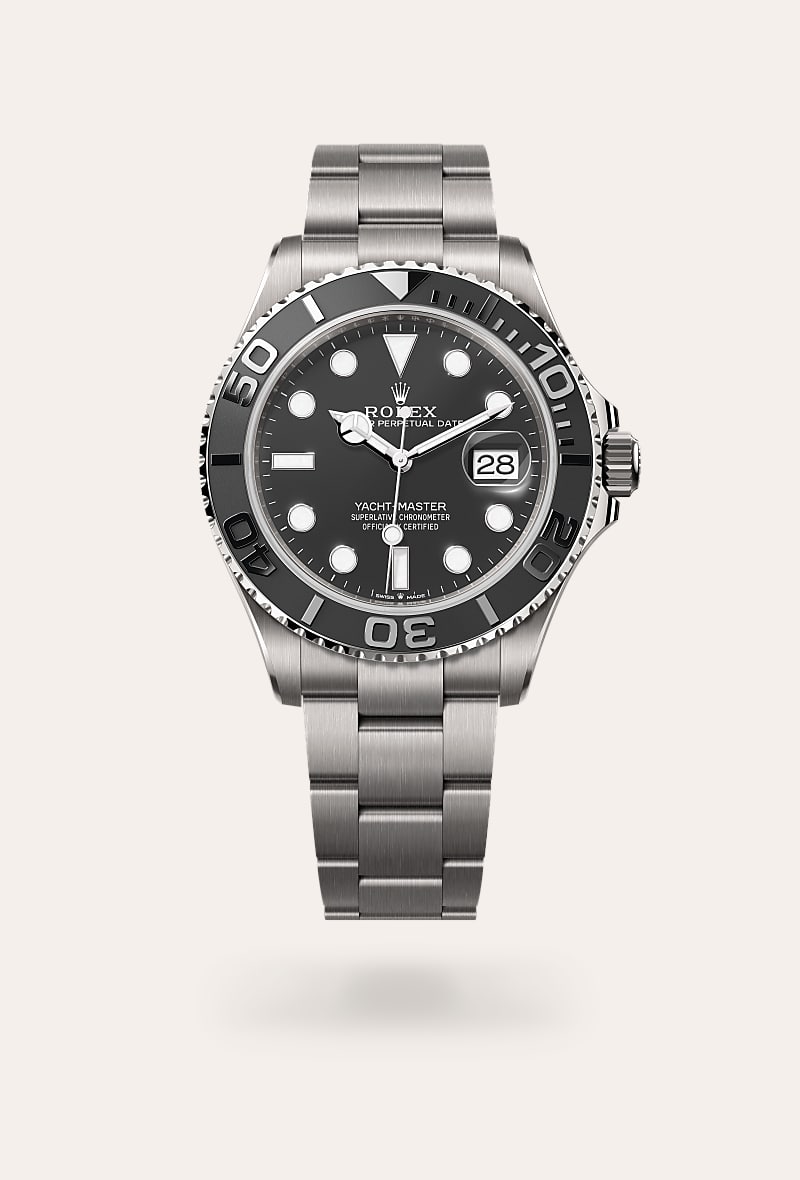 Rolex Yacht-Master 42 in RLX titanium with a intense black dial, bidirectional rotatable 60-minute graduated bezel with matt black cerachrom insert in ceramic, polished raised numerals and graduations bezel, and Oyster bracelet.