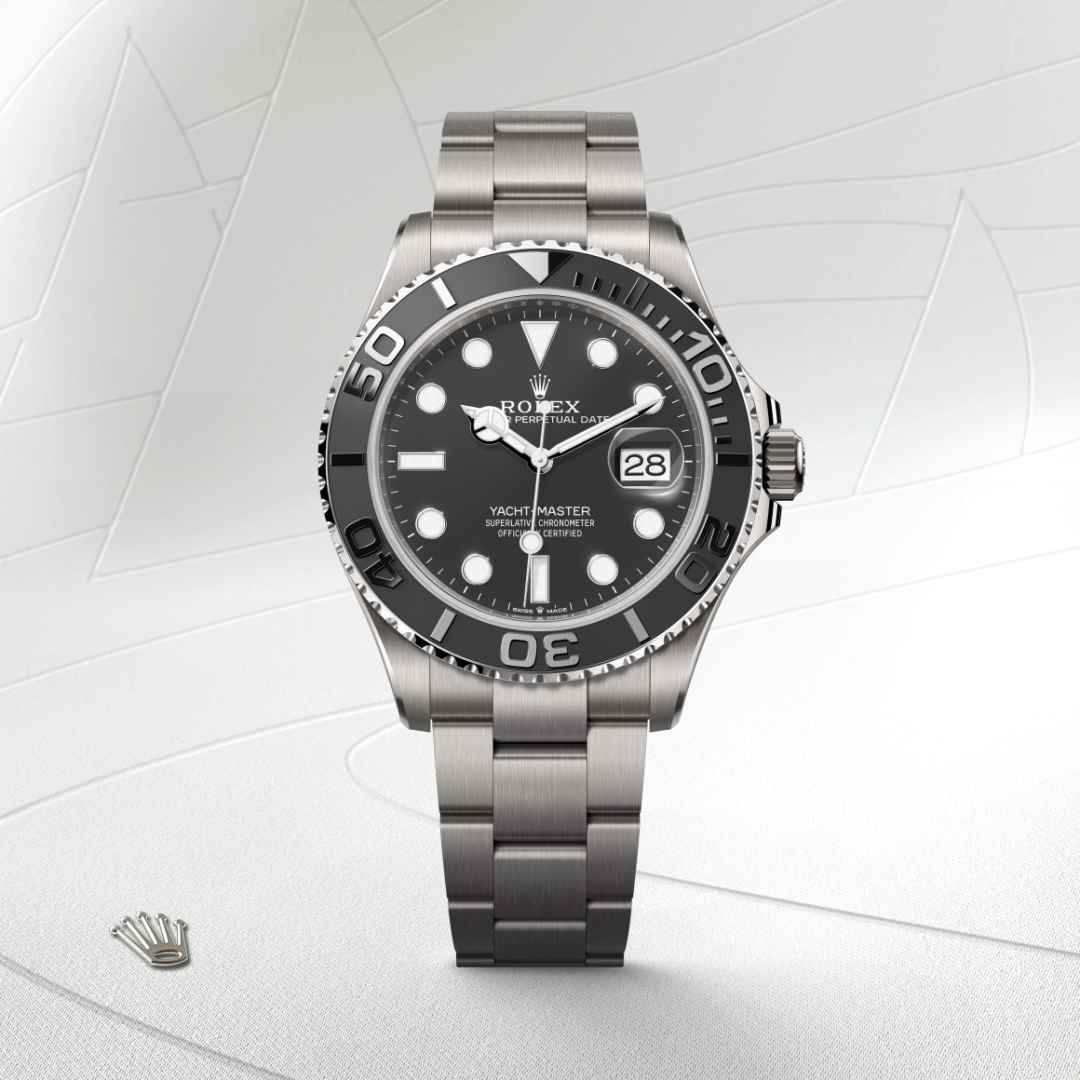 Rolex Yacht-Master 42 in RLX titanium with a intense black dial, bidirectional rotatable 60-minute graduated bezel with matt black cerachrom insert in ceramic, polished raised numerals and graduations bezel, and Oyster bracelet.