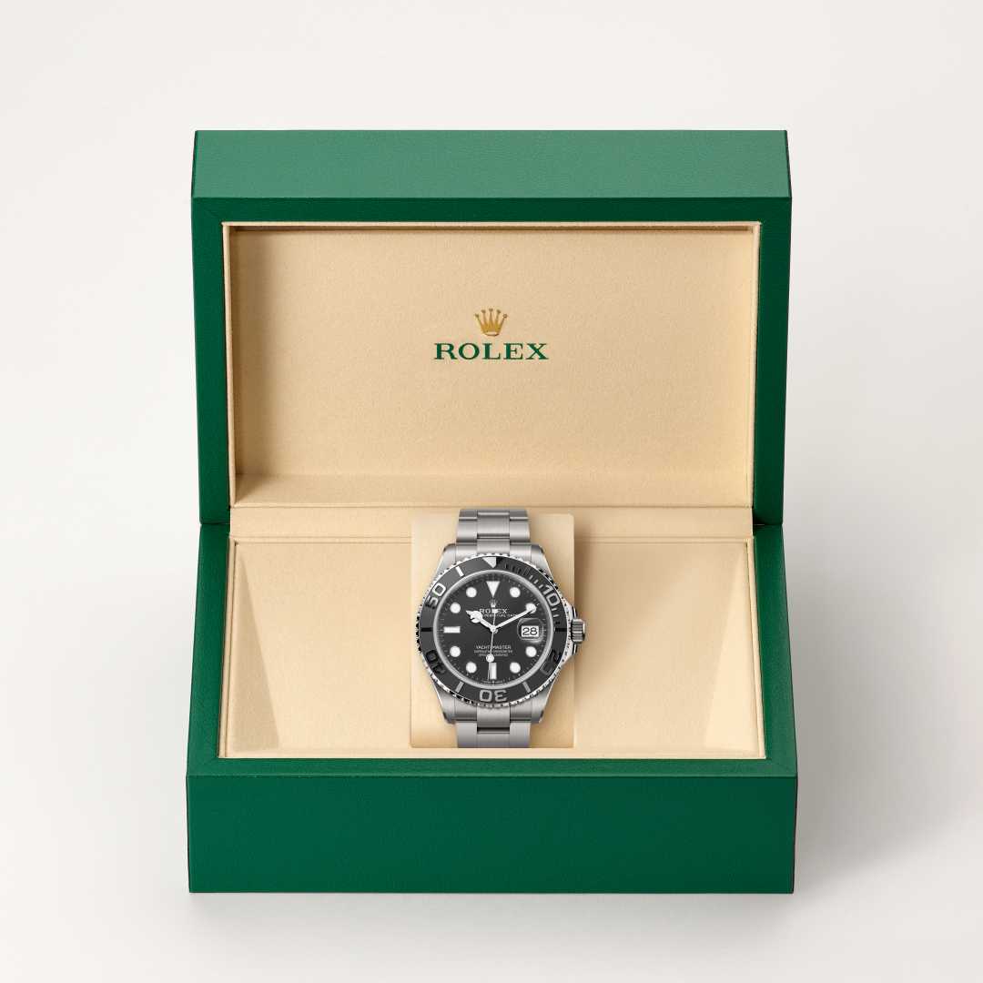 Rolex Yacht-Master 42 in RLX titanium with a intense black dial, bidirectional rotatable 60-minute graduated bezel with matt black cerachrom insert in ceramic, polished raised numerals and graduations bezel, and Oyster bracelet.