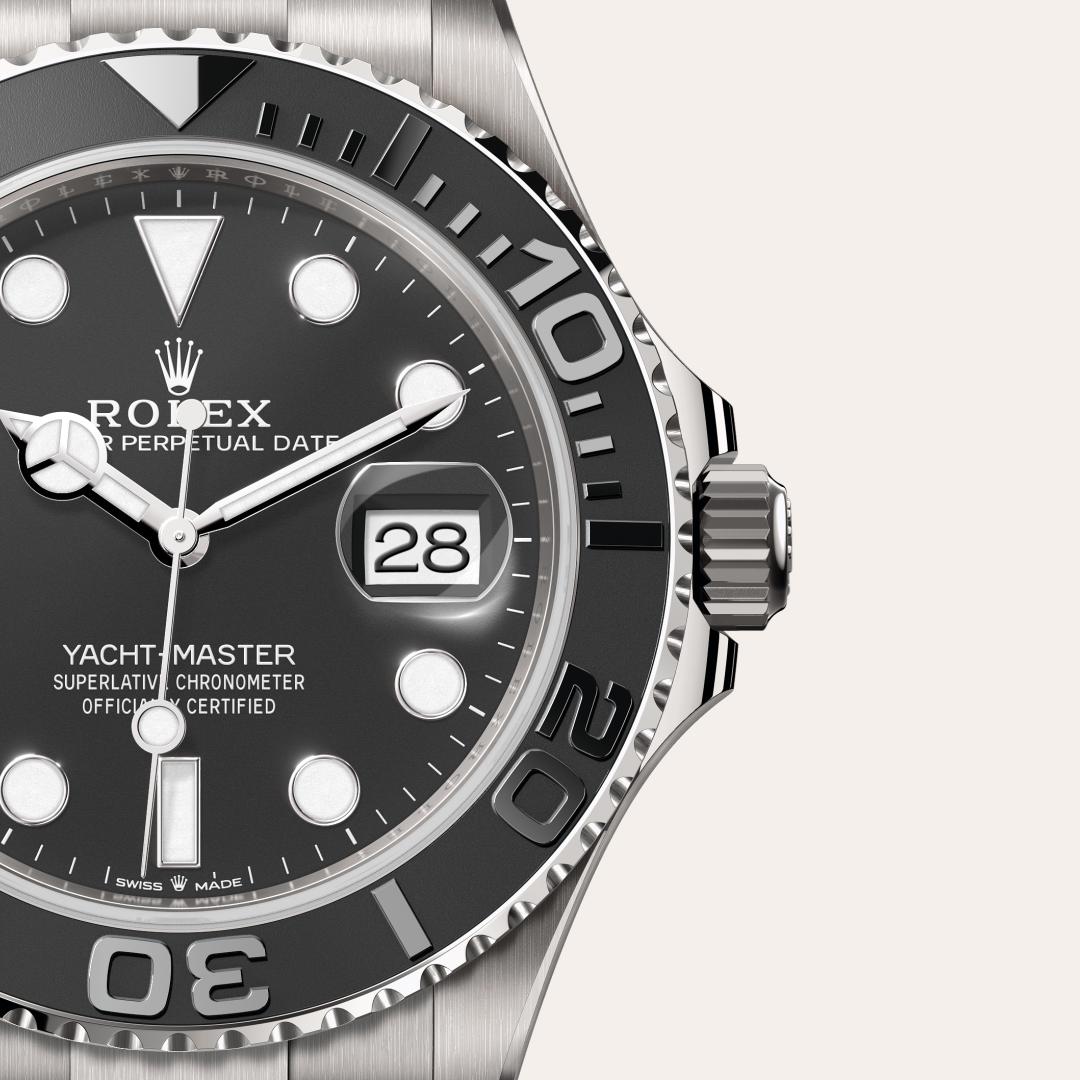Rolex Yacht-Master 42 in RLX titanium with a intense black dial, bidirectional rotatable 60-minute graduated bezel with matt black cerachrom insert in ceramic, polished raised numerals and graduations bezel, and Oyster bracelet.