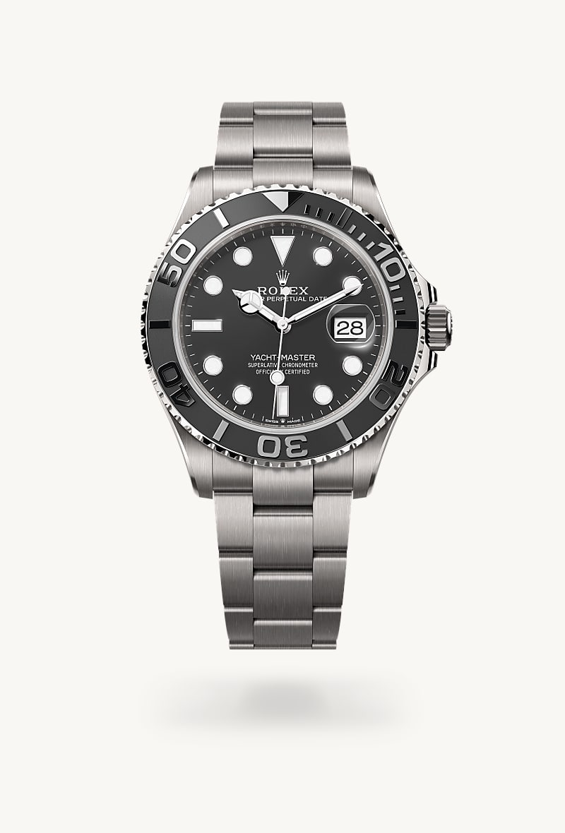 Rolex Yacht-Master 42 in RLX titanium with a intense black dial, bidirectional rotatable 60-minute graduated bezel with matt black cerachrom insert in ceramic, polished raised numerals and graduations bezel, and Oyster bracelet.