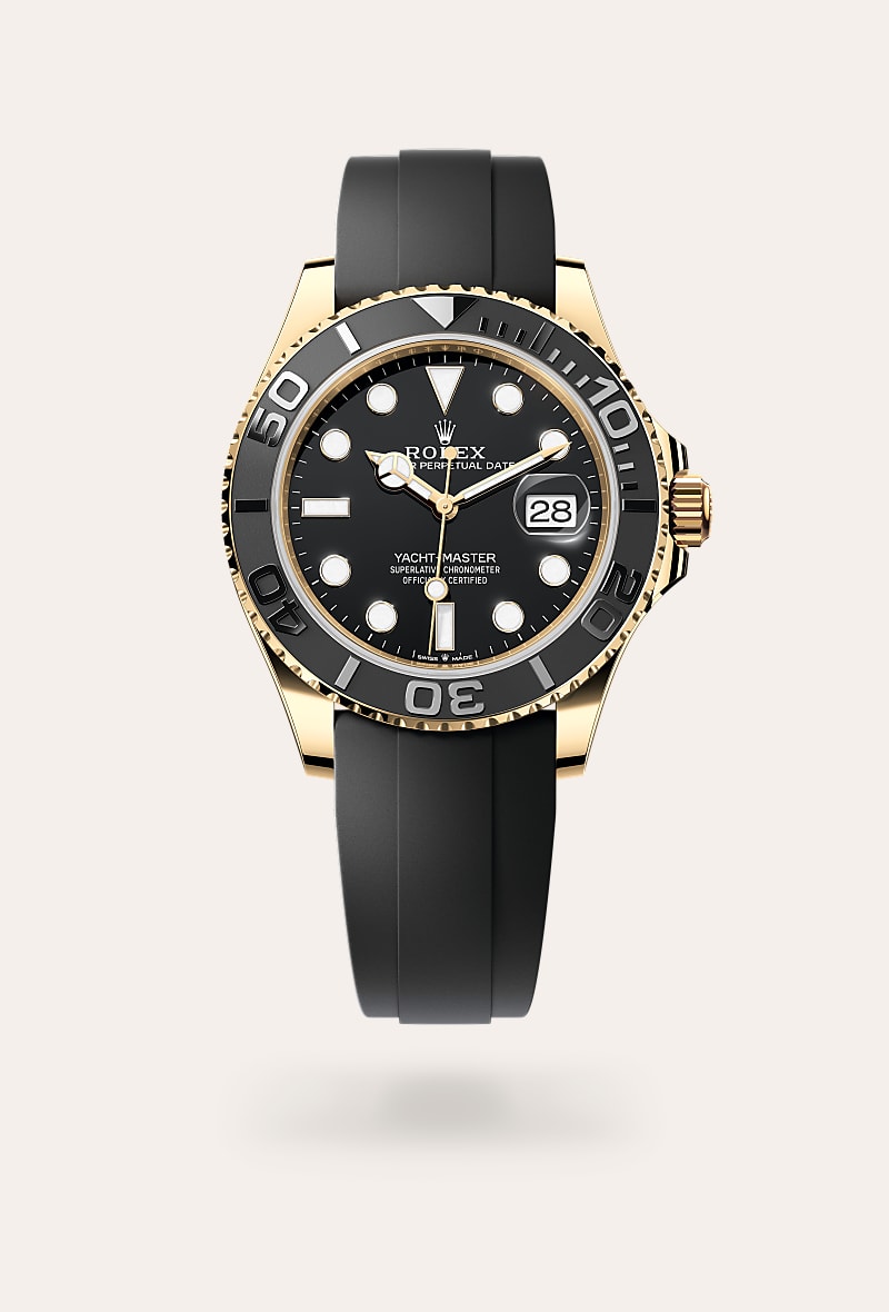 Rolex Yacht-Master 42 in 18 ct yellow gold with a black dial, bidirectional rotatable 60-minute graduated bezel with matt black cerachrom insert in ceramic, polished raised numerals and graduations bezel, and Oysterflex bracelet.