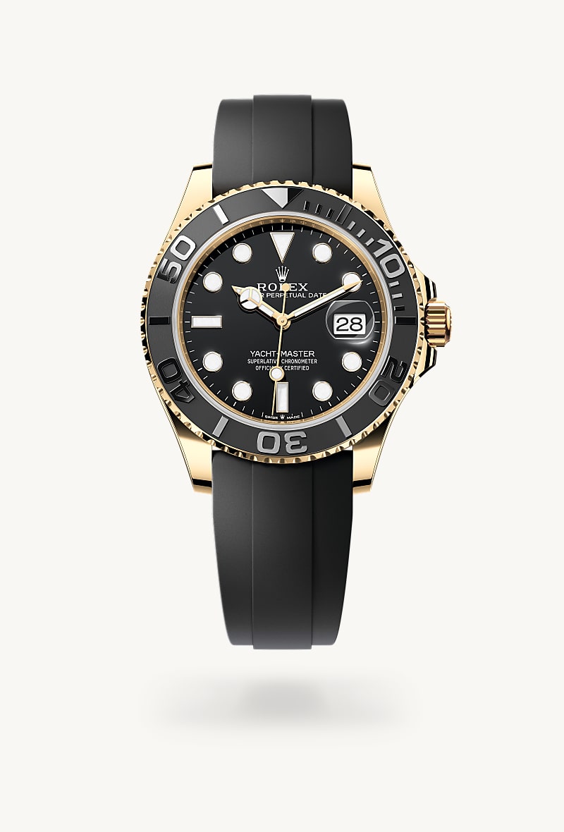 Rolex Yacht-Master 42 in 18 ct yellow gold with a black dial, bidirectional rotatable 60-minute graduated bezel with matt black cerachrom insert in ceramic, polished raised numerals and graduations bezel, and Oysterflex bracelet.