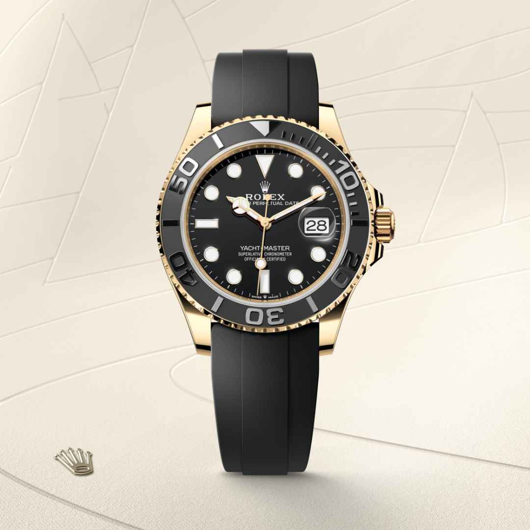 Rolex Yacht-Master 42 in 18 ct yellow gold with a black dial, bidirectional rotatable 60-minute graduated bezel with matt black cerachrom insert in ceramic, polished raised numerals and graduations bezel, and Oysterflex bracelet.