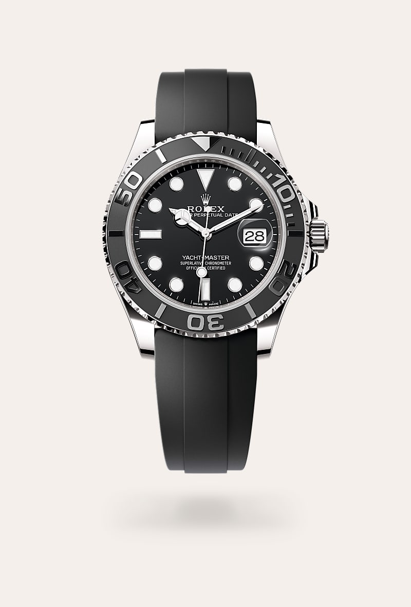 Rolex Yacht-Master 42 in 18 kt white gold with a black dial, bidirectional rotatable 60-minute graduated bezel with matt black cerachrom insert in ceramic, polished raised numerals and graduations bezel, and Oysterflex bracelet.