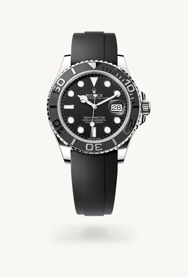 Rolex Yacht-Master 42 in 18 kt white gold with a black dial, bidirectional rotatable 60-minute graduated bezel with matt black cerachrom insert in ceramic, polished raised numerals and graduations bezel, and Oysterflex bracelet.