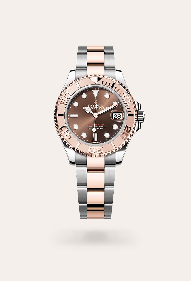 Rolex Yacht-Master 37 in Everose Rolesor with a chocolate dial, everose gold bidirectional rotatable 60-minute graduated with raised numerals bezel, and Oyster bracelet.