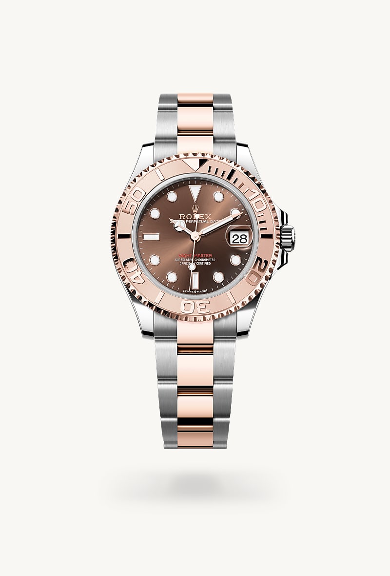 Rolex Yacht-Master 37 in Everose Rolesor with a chocolate dial, everose gold bidirectional rotatable 60-minute graduated with raised numerals bezel, and Oyster bracelet.